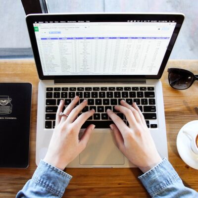 notebook, typing, coffee